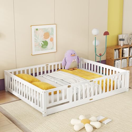 Queen Size Floor Bed with Door and Fence for Kids, Montessori Floor Bed with Slats and Safety...