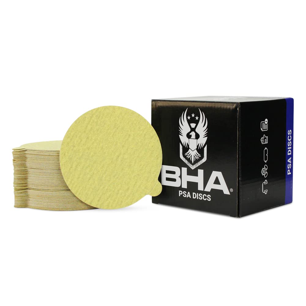 BHA 5" Inch Gold Peel and Stick Adhesive Backed PSA Sanding Discs with Tabs - 100 Pack (100 Grit)