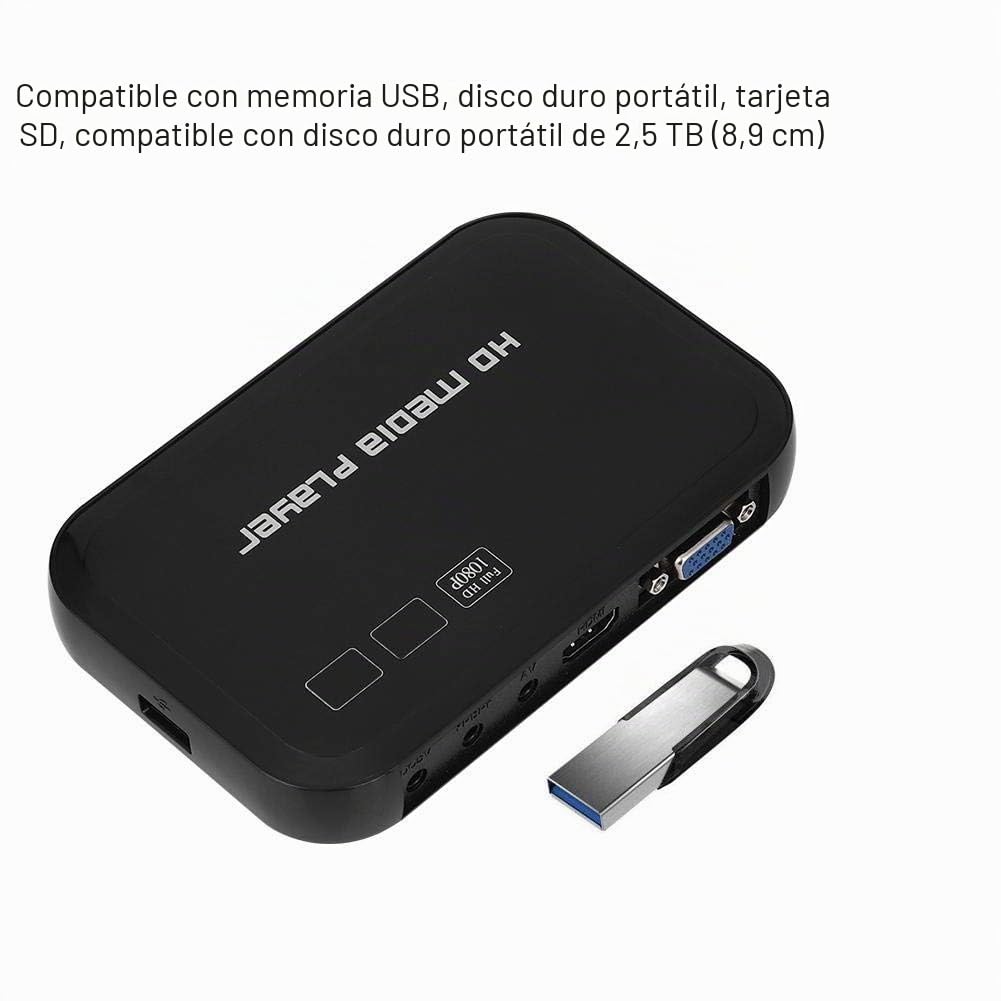 Reproductor multimedia HD, puertos HDMI Reproductor digital portátil 1080P reproducción de video y fotos con unidad USB/tarjetas SD/dispositivos externos, salida HDMI/AV/VGA(Enchufe de la UE)
