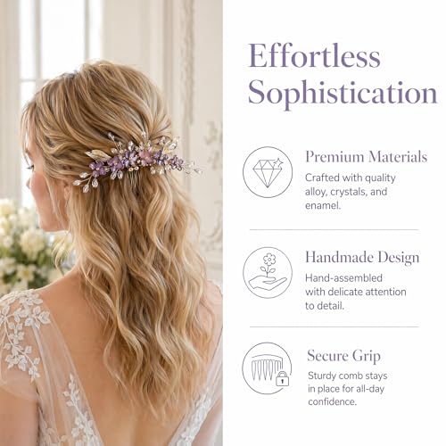 Peine floral para cabello de mujer púrpura con cristales miniatura 6