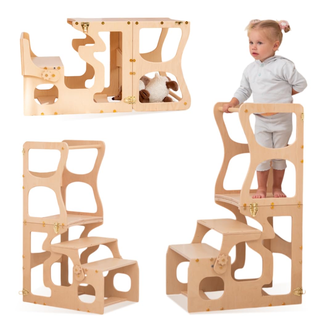 Woodandhearts Toddler Tower, Made in EU, Toddler Tower, Toddler Kitchen Stool Helper, Toddler Stool, Foldable Toddler Tower, Toddler Standing Tower, Toddler Tower Foldable (With Shapes Cutouts)