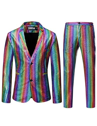 ZEROYAA Men's Metallic Shiny Suits Disco Sequin Blazer and Pants ...