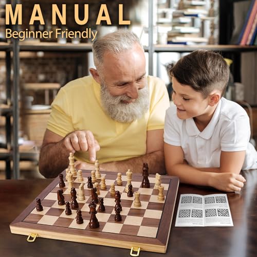Magnetic Wooden Chess Set for Adults Kids, 15" Folding Chess Boards with 2 Extra Queens, Portable Travel Chess Sets with Pieces Storage Slots, Beginner Chess Game Set for Kids, Adults