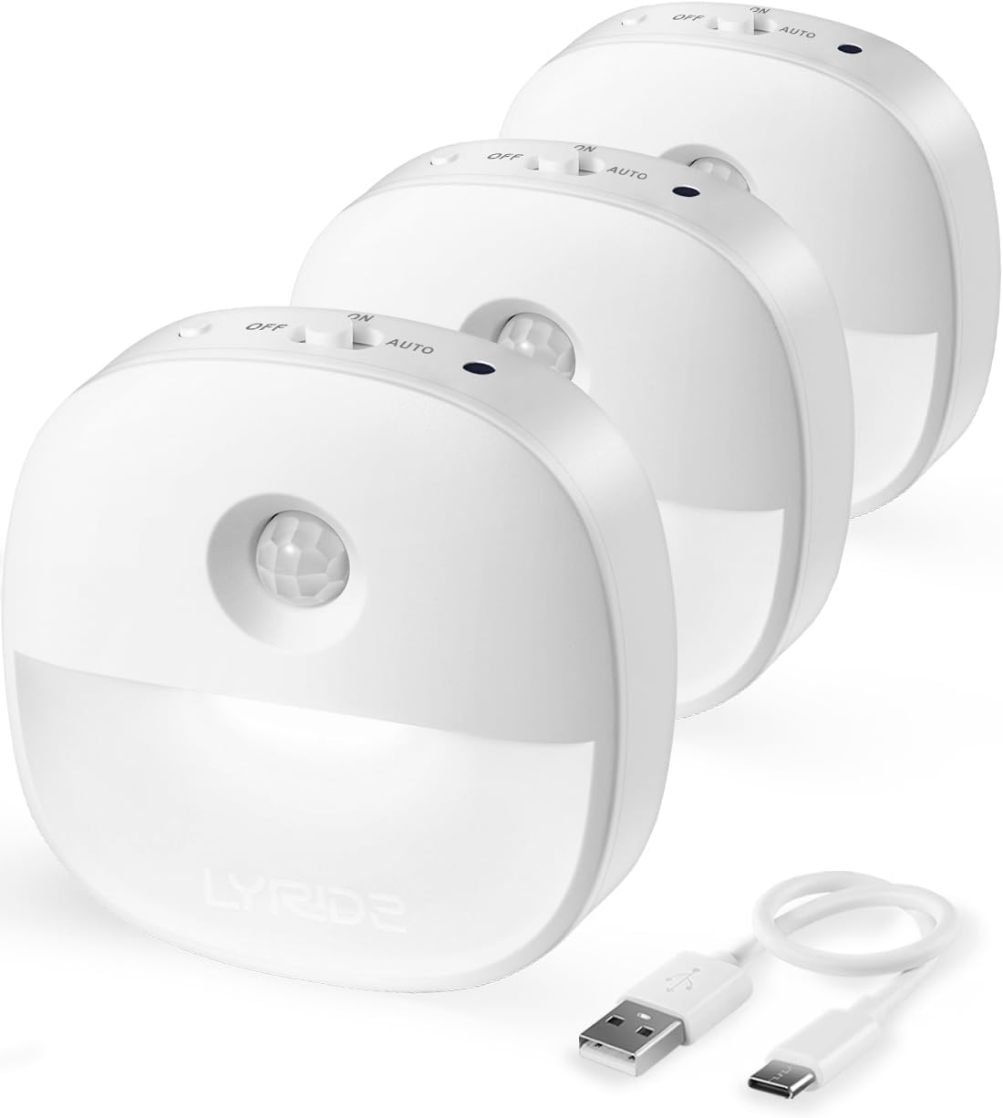 Lyridz Rechargeable Night Light, Motion Sensor Battery Nightlights, Mini Stick-on LED Closet Light, 1-20LM Dimmable Brightness for Bedroom, Kitchen, Washroom, Stairs, Hallway, 3-Pack