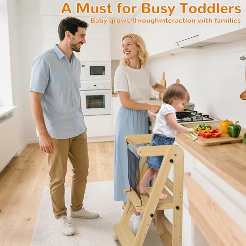 Image of ROOMTEC Foldable Toddler Kitchen Tower, 3 Adjustable Height Wooden Step Stool, Toddler Standing Tower with Safety Net (Natural Wood)