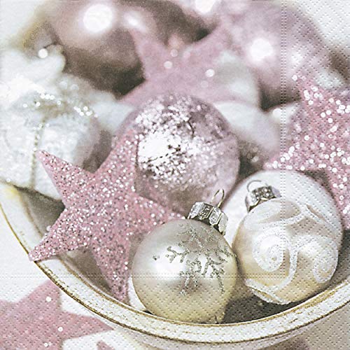 20 Servietten 33 x 33 cm Weihnachten Kugeln Sterne pink silber rosa...