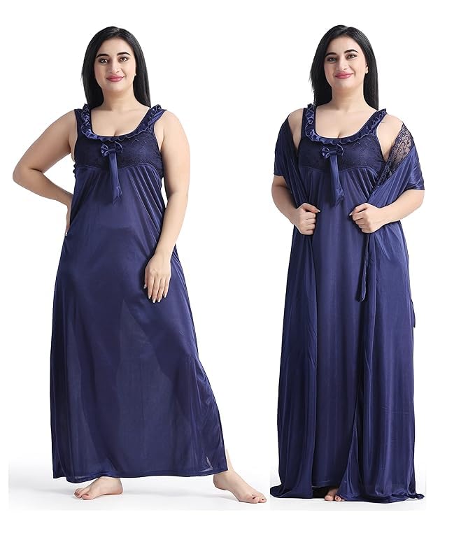 Women's Satin Nighty with Robe Set, Multicolor Soft Satin Nightwear, Stylish Sleepwear Nightdress.-image-3