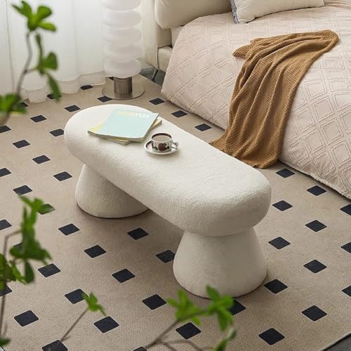 MGHRUEWH Banco Moderno Tapizado De Bouclé, Mesa De Centro Rectangular, Banco Otomano De Sherpa Afelpado, Reposapiés De Piel Sintética para Entrada, Dormitorio, Pasillo, Sala De Estar,Blanca