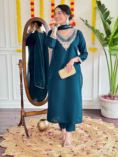 Image of Shiv Textiles Women's Chanderi Silk Embroidered Kurta Pant Dupatta Set(JDA-NILAM-RAMA-S)