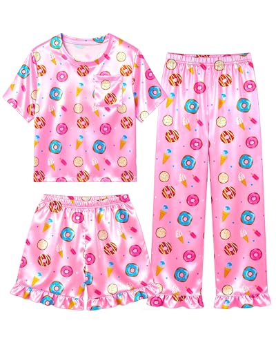 Sylfairy Girls 3 Piece Pajamas Silk PJS Set Satin Ruffle Sleepwear Short Sleeve Long Pants and Shorts 3 Piece Sleepwear Outfit Nightwear Loungewear Pink Doughnut 9-10 Years