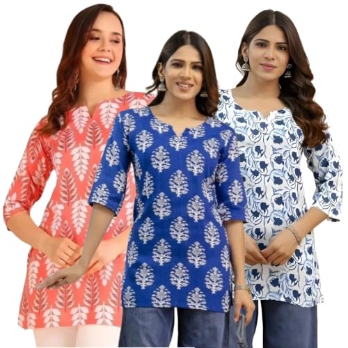 Image of Women's Printed Short Kurti Tops Rayon Cotton Blend Tunic Combo