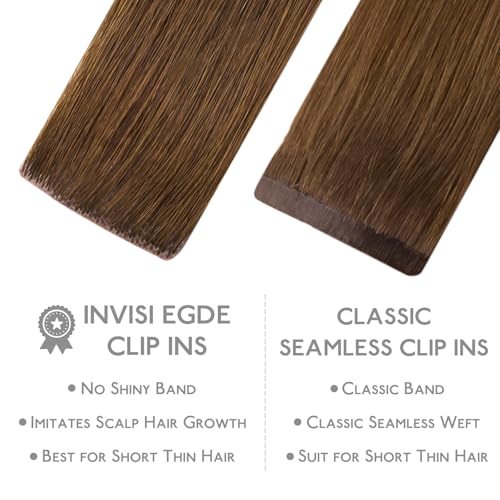 Image of WENNALIFE Invisi Edge Clip in Hair Extensions Real Human Hair, 22 Inch 150g 7pcs Light Auburn Brown Seamless Clip in Extensions Remy Hair Clip Ins Invisible PU Skin Weft Straight Extensiones De Cabell