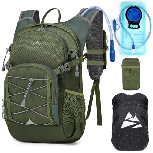 RAINSMORE Mochila de Hidratación con Bolsa de Agua 2L Mochila Bicicleta Montaña Mujer Hombre con Funda Impermeable para Senderismo Correr Ciclismo Trail Running Escalada Deportes al Aire Libre