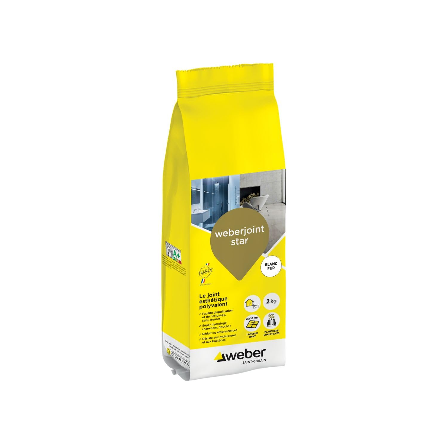 Weber Mortier joint carrelage décoratif hydrofugé, spécial intérieur et extérieur, largeur 2 à 10mm, 2kg, blanc pur, WEBERJOINT STAR