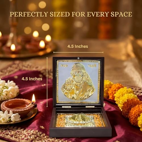 Image of Lord Gold Plated Shirdi Sai Baba Pocket Temple for Pooja Room | Gold Plated Sai Ram Photo Frame with & Charan Paduka | Gift for Family & Friends & Home Decor (Medium) 4 Inch - Pack of 1