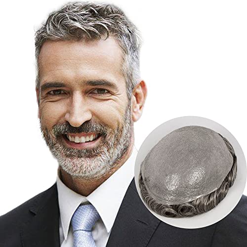 Amiable 0.06mm Soft Thin Skin Men's Toupee Real Human Hair Pieces V-looped,Real Human Hair Replacement System For Men 8 x 10 Inches(#350 grey)