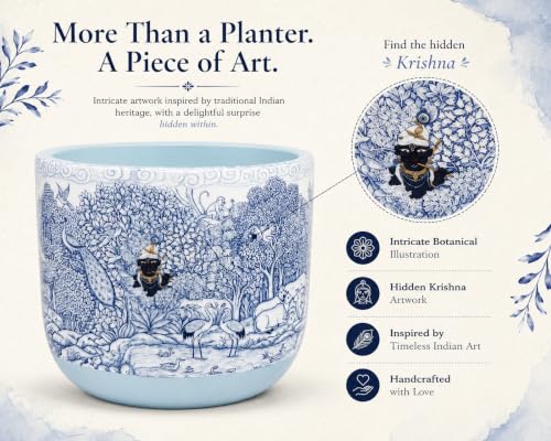 Image of Glass Finish Terracotta Planter Pot for Home Decor | Flower Pot | Blue and White, Vrindavan Forest Krishna and Peacock Theme, 11.4cm x 10cm