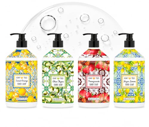 Soap Tiles Hand Soap | Home and Body Company | 21.5 fl oz Bottles | 4 Pack | Sweet Orange | Olive Thyme | Pomegranate | Meyer Lemon