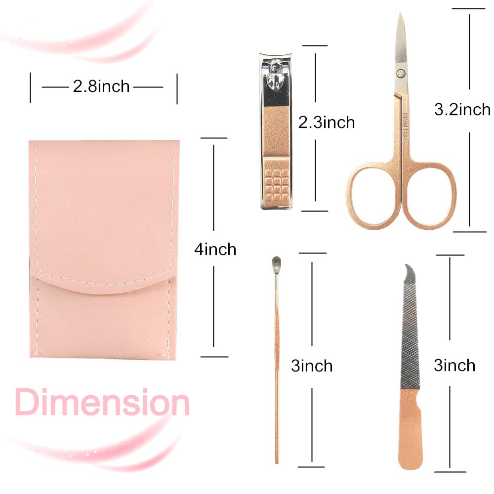 Manicure Set, Professional Women Nail Clippers Kit 4PCS， Stainless Steel Nail Cutter Care Tools Professional Grooming Kits, PU Leather Travel Case （rose gold）