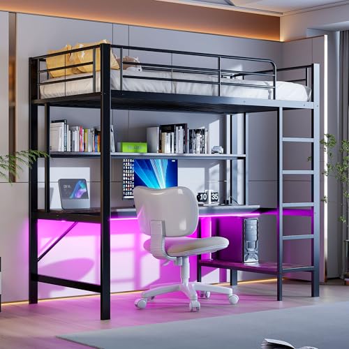 MQGPM Cama alta de 90 x 200 cm con escritorio, litera con estantes y espacio de almacenamiento, marco de cama con protección anticaída y somier, cama para adultos, adolescentes y niños, color negro