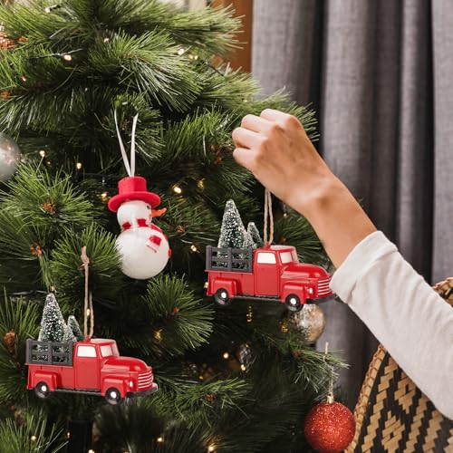 Adornos de árbol de Navidad con camión rojo vintage y mini pino artificial (Paquete de 3 piezas) 4