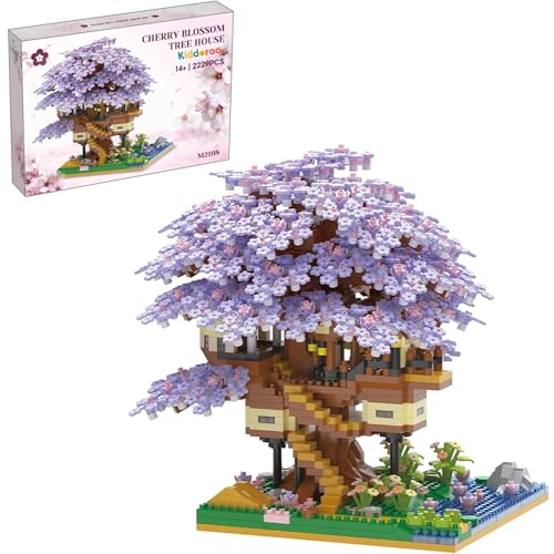 Image of Cherry Blossom Tree House Micro Blocks Set, 2229+ PCS Japanese Sakura Bonsai Treehouse STEM Toys with Purple Flowers for Adults & Kids | 1 Year Manufacturing Warranty