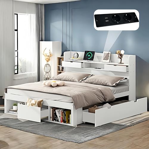 Sapgaks Lit Coffre 140x200 avec tiroirs et USB et Espace de Rangement au Bout,lit 1 Personne 140x200 avec sommier et Espace de Rangement,Cadre de lit Adulte,Blanc