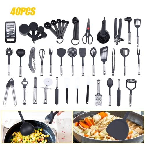 Lot de 40 ustensiles de cuisine antiadhésifs avec poignée en acier inoxydable, passent au lave-vaisselle, ustensiles de cuisine en nylon et acier inoxydable