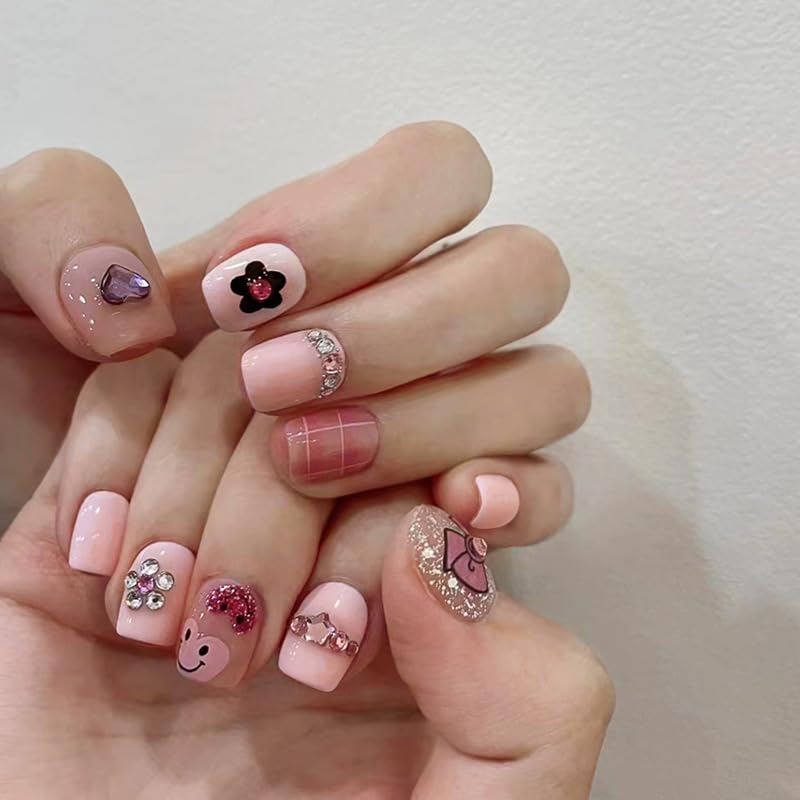 Doodle Pink Floral With Rhinestone Nails | Artificial Nail Extension | Long Lasting Glossy Finish | 24 Pcs Set Trendy Nail Art Set For Salon Look At Home-image-31