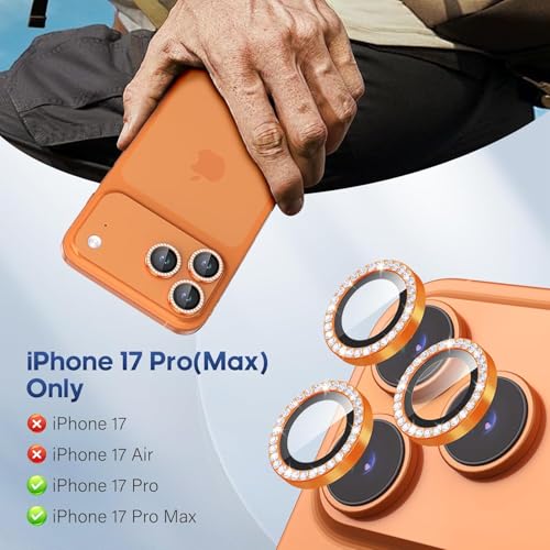 Image of for iPhone 17 Pro / 17 Pro Max Camera Lens Protector Bling, Individual Diamond Metal Ring with 9H Hardness, Scratch-Proof Camera Screen Protector, Stylish Accessories, Case Friendly (Orange)