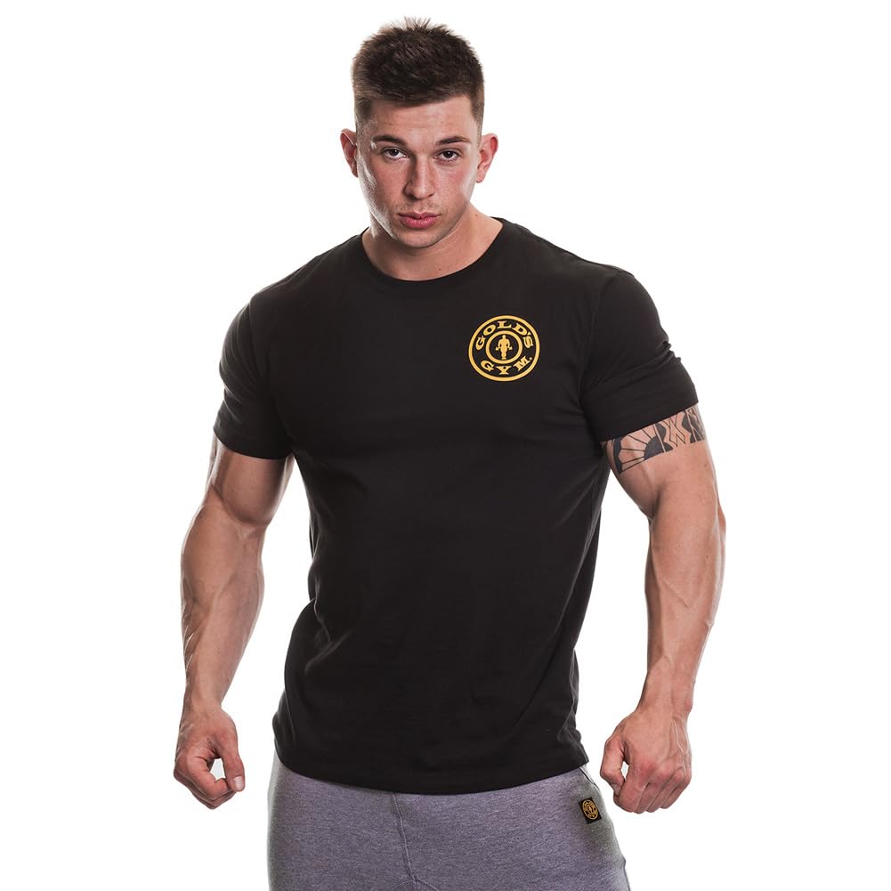 Gold's GymGGTS001 Mens Basic Left Chest Muscle Joe Print Logo Crew Neck T-Shirt, Black, S