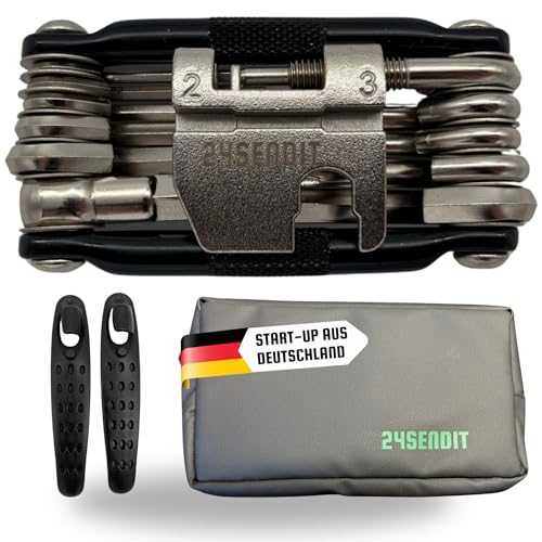24SENDIT - Multiherramienta 17 en 1 para bicicleta de acero inoxidable, incluye 2 desmontadores de neumáticos y bolsa de jersey, para bicicleta de carretera, MTB, Gravel, bicicleta eléctrica y