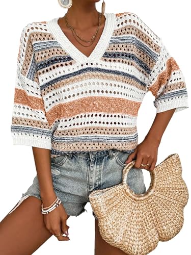 Womens Short Sleeve Summer Crochet Sweaters Striped V Neck Casual Loose Knit Pullover Boho Tops2