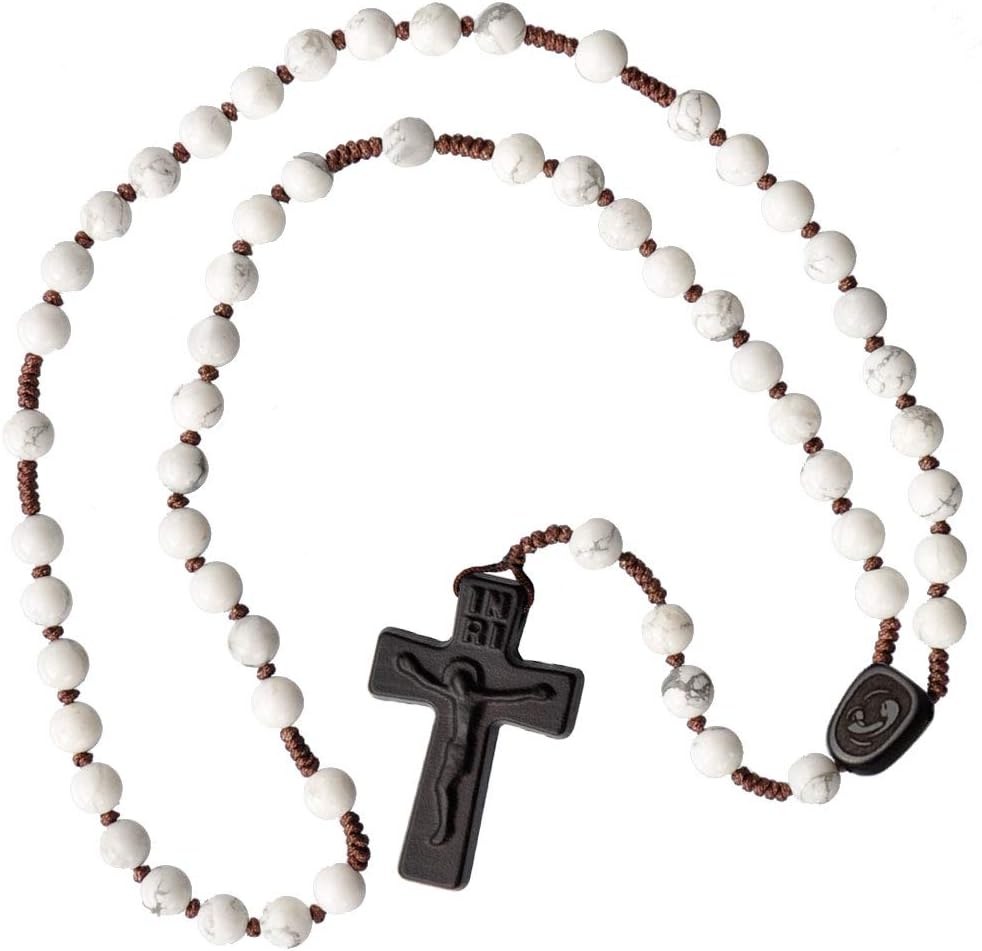 IHM Imports Sine Cera Howlite/Jujube Wood 5 Decade Catholic Rosary, Laser Engraved Crucifix/Double-sided Centerpiece, Smooth 6mm Beads