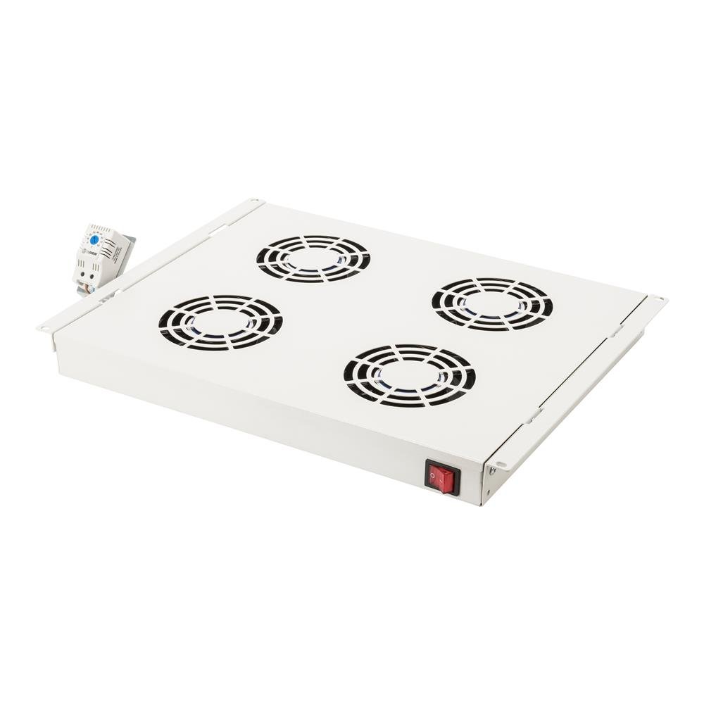 DIGITUS Unità di ventilazione per armadio di rete da 19 pollici – 4 ventole – Montaggio variabile su guide profilate da 19 pollici – 1 U – Termostato – Portata d'aria 9,3 m³ al minuto – Grigio
