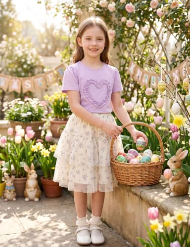 Image of Noomelfish Girls Ruffle Heart T-Shirts Cute Short Sleeve Tee Tops (3-12 Years)