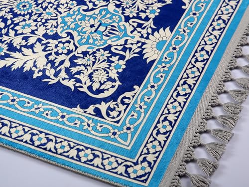 Alfombra tradicional turca de oración azul marino tapiz oriental floral con borlas 4
