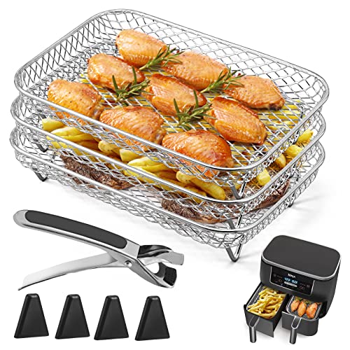 Ninja Dual Air Fryer Rack - 3pcs Layered Dehydrator Racks with Stainless Steel Grilling Rack and Rectangle Air Fryer Basket Tray with Clip and Heighten Feet Pad