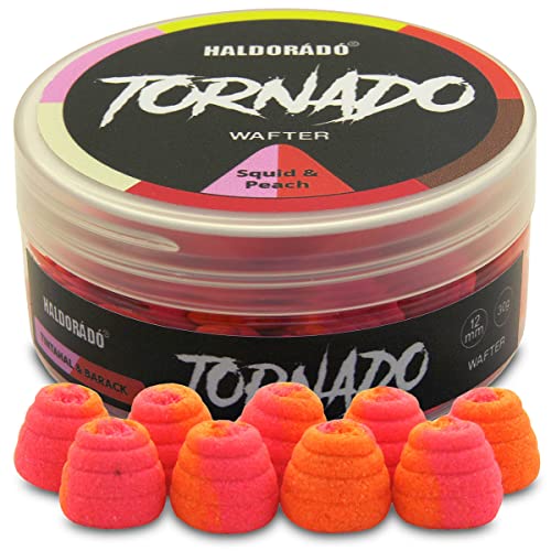 Haldorado Tornado Wafters Pellets Boilies Bait, Carp Feeder Fishing, Forma Especial, 100% Biodegradable, 12 mm de ancho y 11 mm de largo, Rosa-Naranja, Calamar y Melocotón 30 Gramos Cover
