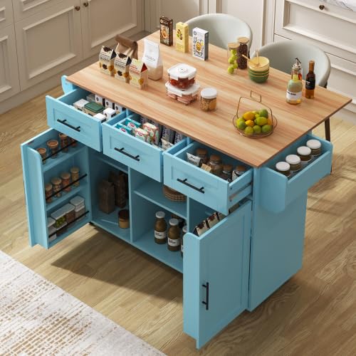 Merax Carrito de cocina multifuncional con encimera plegable y espacio de almacenamiento, color azul con chapa de madera, 139 x 46/71 x 91,5 cm, isla de cocina con ruedas con cajones y estantes