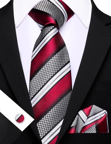 Image of Barry.Wang Man Stripe Ties Set Silk Woven Pocket Square Necktie Cufflinks Formal Party Business