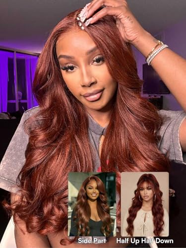 Image of Beauty Forever Reddish Brown Lace Front Wig Human Hair 7x5 Body Wave Bye Bye Slip Glueless Wigs with Elastic Drawstring,Pre Plucked,Bleached Knots,Natural Hairline,150% Density 14inch
