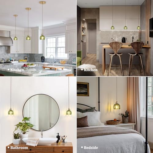 Image of Shenmoyl Pendant Light with Green Tulip Glass Lmapshade, Brass Vintage Pendant Light Adjustable Hanging Light for Kitchen Island Dining Room Hallway