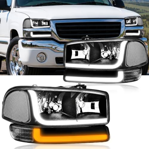 DimFlux LED DRL Headlights Fit 1999-2007 GMC Sierra 1500/2001-2007 GMC Sierra 1500HD 2500HD 3500 (Only Fits 07 Classic Models Not Fit All Denali Trims) Fit 99-06 Yukon Black Housing Clear Reflector