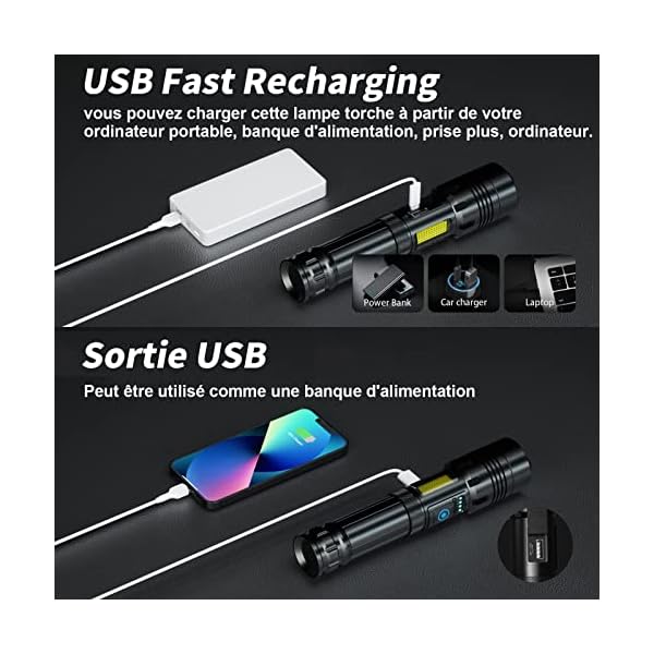 cinlinso Lampe Torche LED Ultra Puissante - 500000 Lumens Lampe de Poche Rechargeable, Étanche IPX7, 7 Modes D'éclairage avec Lumière COB pour Camping, Randonnée et Urgences 51Zm5LmuS+L. SS600