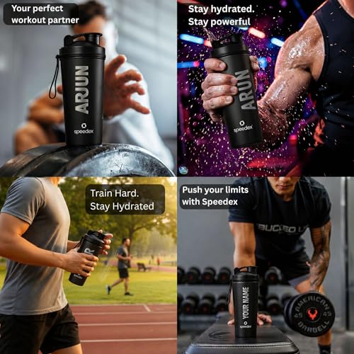 Image of Speedex YouFit Customized Stainless Steel Gym Shaker Bottle 750ml with Mixing Ball, Leakproof Flip Cap, Wide Mouth, Measurement Markings, Personalized Name /Logo Metal Protein Shaker - Black