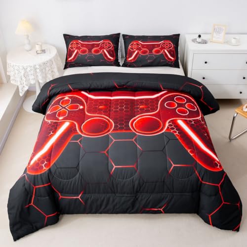Feelyou Gamer Comforter Set for Kids Boys Teens Queen Size Game Controller Comforter 3Pcs Gaming Gifts Bedding for All Season(Queen,Red) Boys