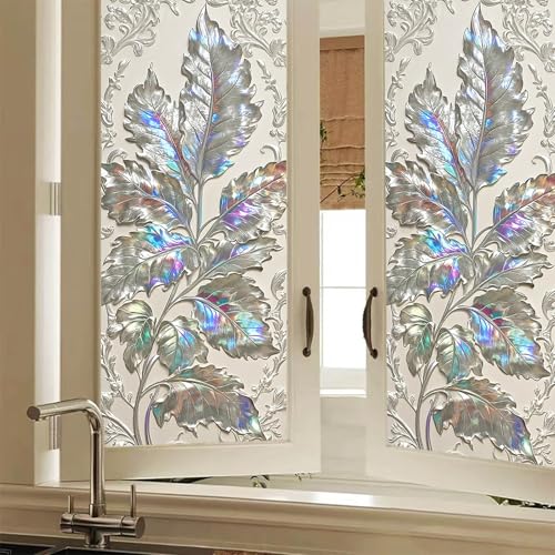 Vinilo decorativo adhesivo para ventana BlissYard hojas plateadas 17.7x39.3 pulg miniatura 1
