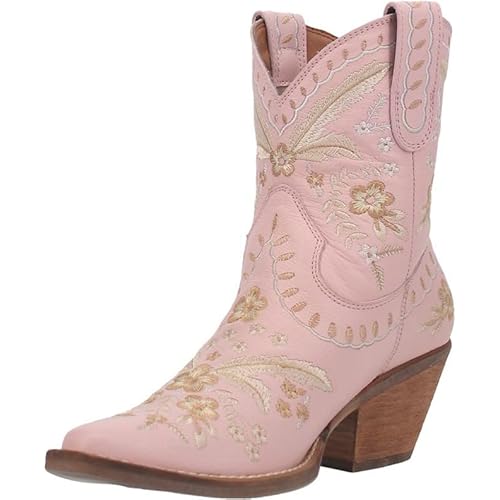 Dingo Womens Primrose Embroidered Floral Snip Toe Casual Boots Ankle Mid Heel 2-3" - Black