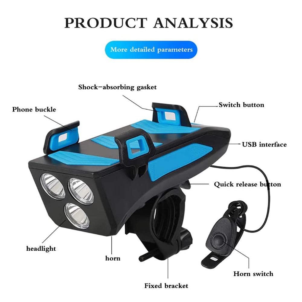 Światło rowerowe Światło rowerowe 4 w 1, Akumulatorowe światła rowerowe USB Reflektor rowerowy Przednie światło Wodoodporny z klaksonem rowerowym Rowerowy uchwyt na telefon komórkowy Super